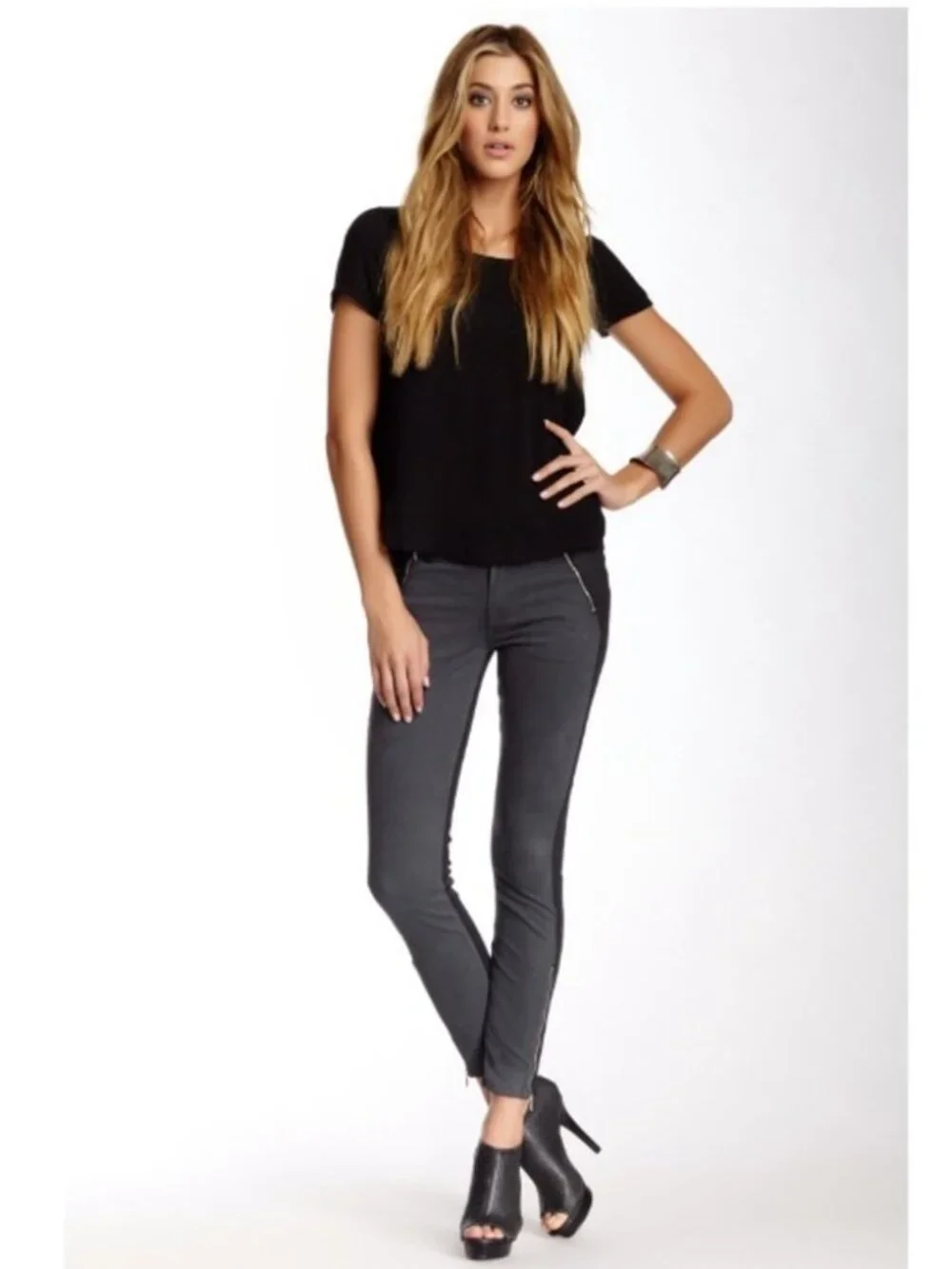 NWOT 7 For All Mankind Two-Toned Skinny Zip Jeans Brushed Sateen/Coated Denim 26